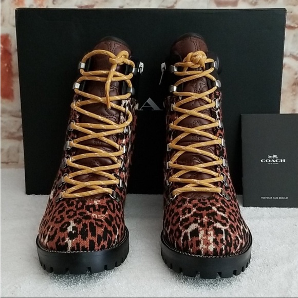 COACH Loren Leather-Trimmed Leopard-Print Tweed Hiking Boots - Picture 2 of 8